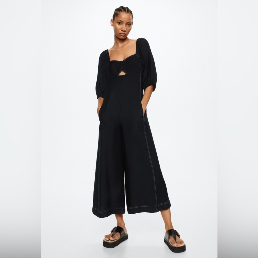 Mango Contrast Seam Jumpsuit with Side Pockets and Puff Sleeves in Black, S